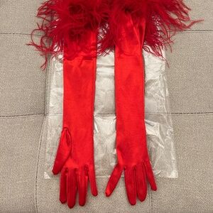 Sherri Hill Red Satin Feather Trim Gloves - New